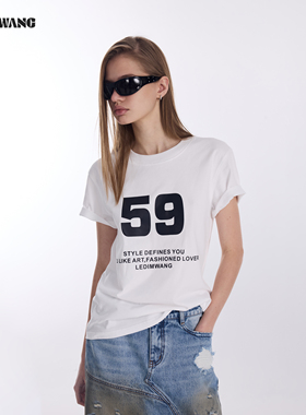 LEDIM WANG撞色字母印花T恤女26春新款白色纯棉休闲百搭短袖上衣