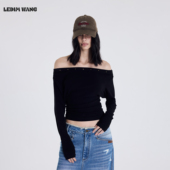 WANG一字肩修身 T恤针织衫 女2026春夏新款 LEDIM 黑色长袖 打底上衣