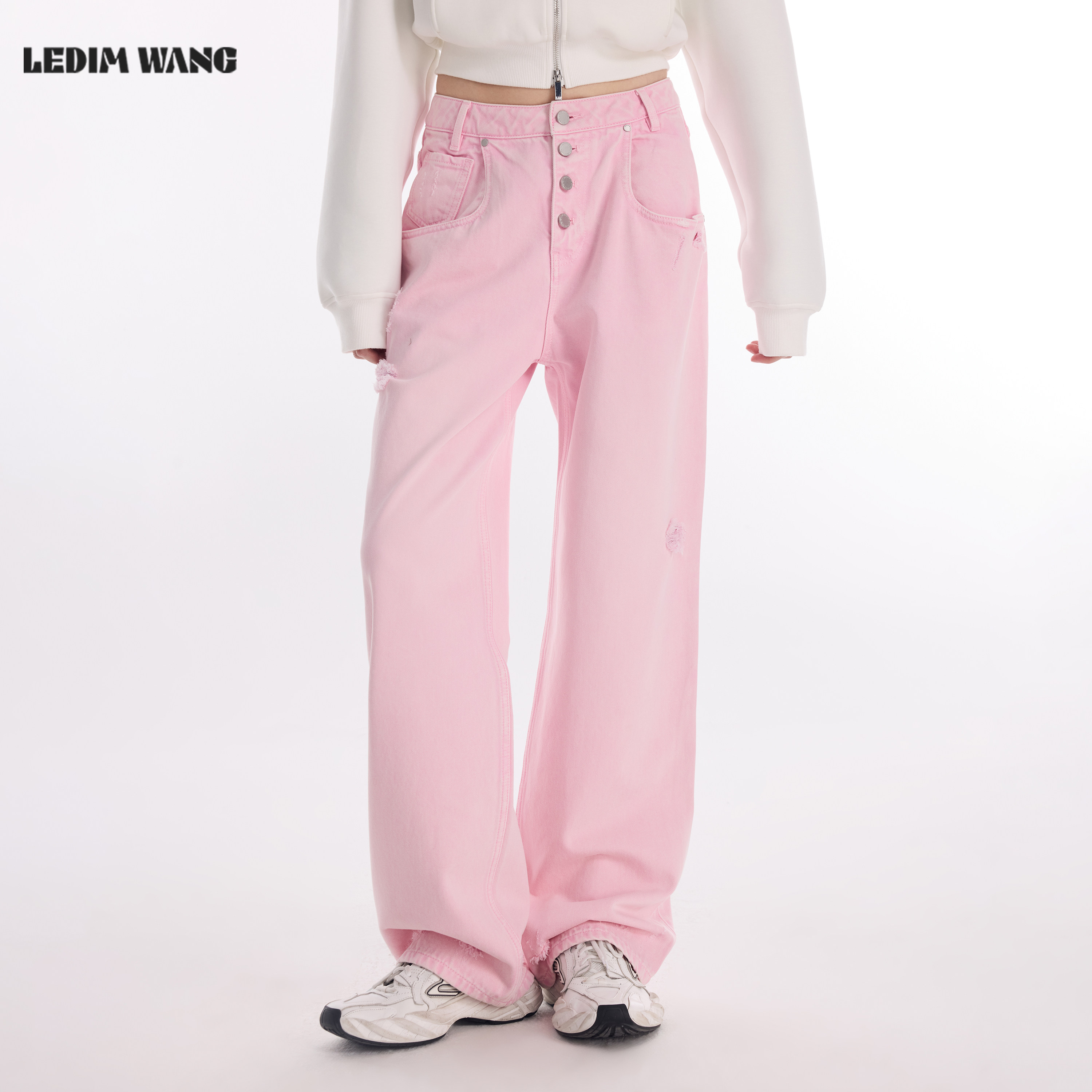 LEDIM WANG粉色直筒牛仔裤女2026春季新款纯棉中腰解构百搭长裤,女装/女士精品,牛仔裤,淘宝优惠券,粉丝福利购,淘宝优惠卷