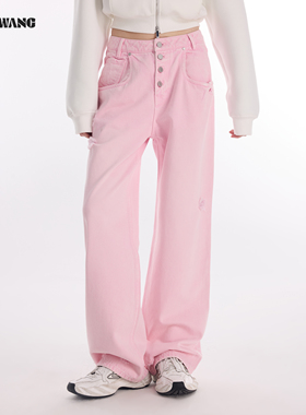 LEDIM WANG粉色直筒牛仔裤女2026春季新款纯棉中腰解构百搭长裤