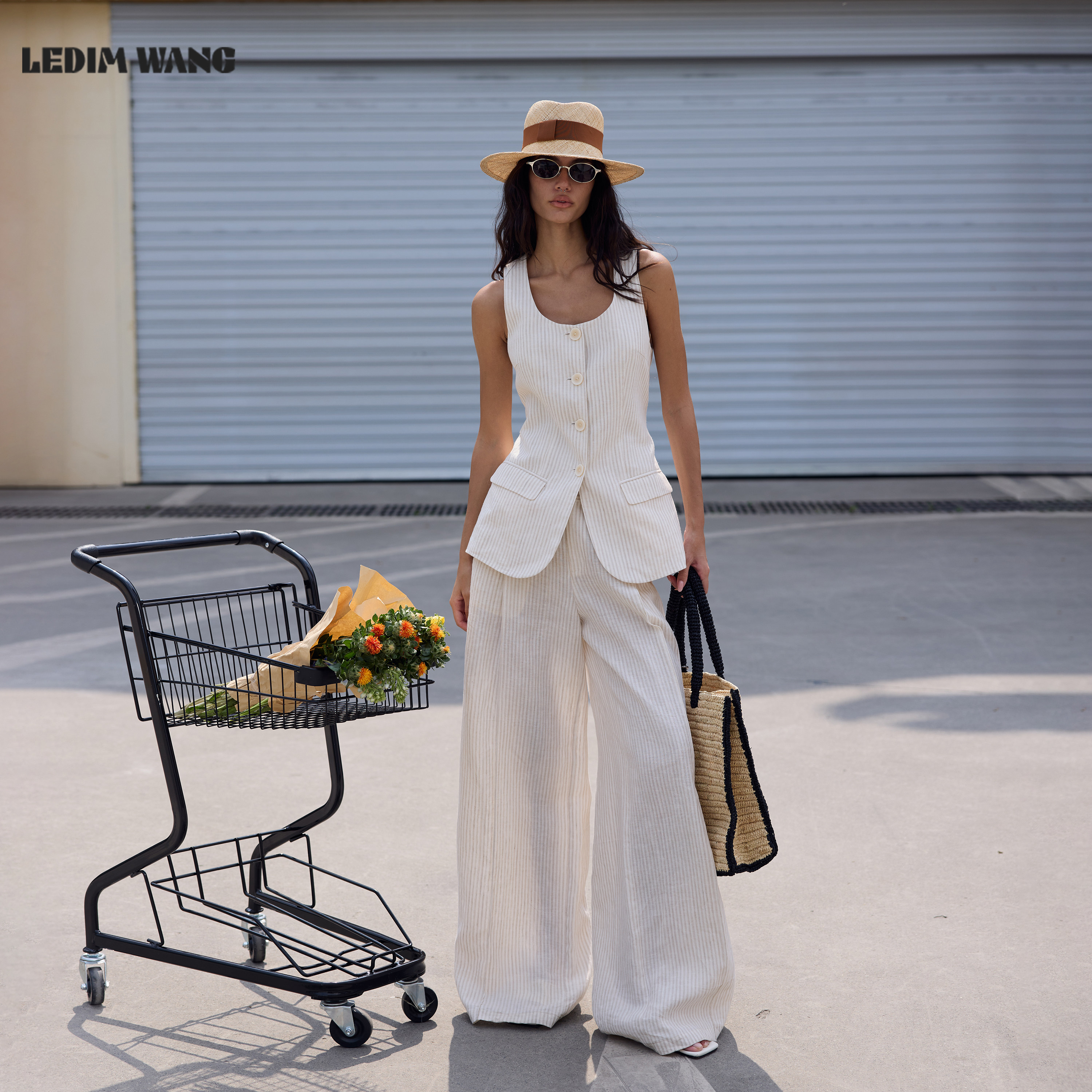 LEDIM WANG意式老钱风亚麻时尚套装女西服背心阔腿休闲裤26夏新款