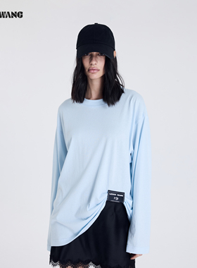 LEDIM WANG捏褶素色长袖T恤女2026春夏新款蓝色宽松内搭休闲上衣