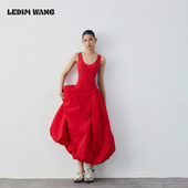 高级感长裙 WANG红色低领花苞连衣裙女春夏新款 明星同款 LEDIM