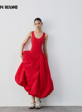 【明星同款】LEDIM WANG红色低领花苞连衣裙女夏季新款高级感长裙