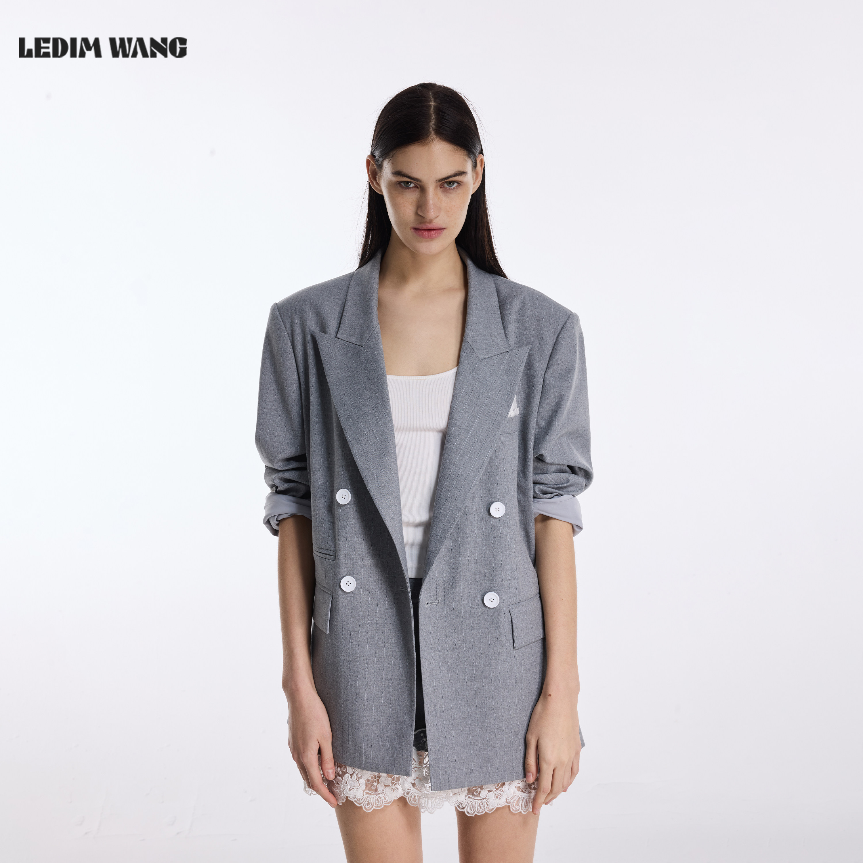 【明星同款】LEDIM WANG蕾丝西装外套女26春夏新款灰色高智通勤