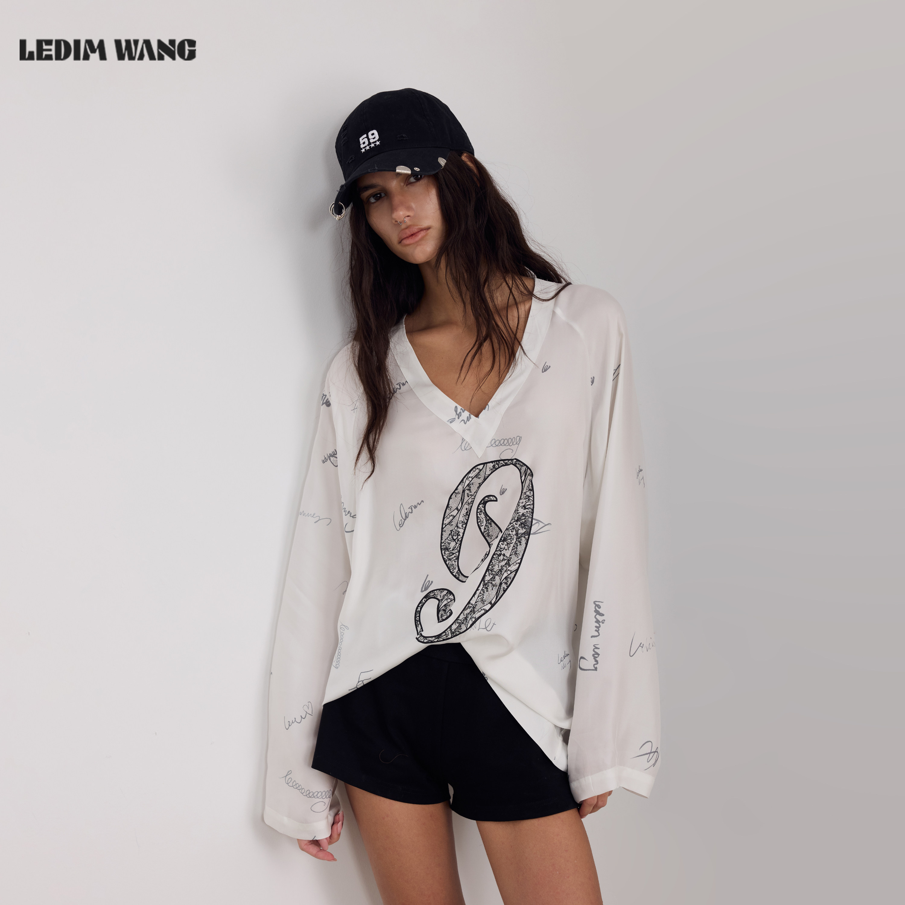 LEDIM WANG真丝凉感印花长袖T恤女白色轻薄透气防晒上衣26夏新款