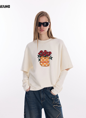 LEDIM WANG奶油白羊毛T恤女2026春季新款莫代尔玫瑰印花短袖上衣