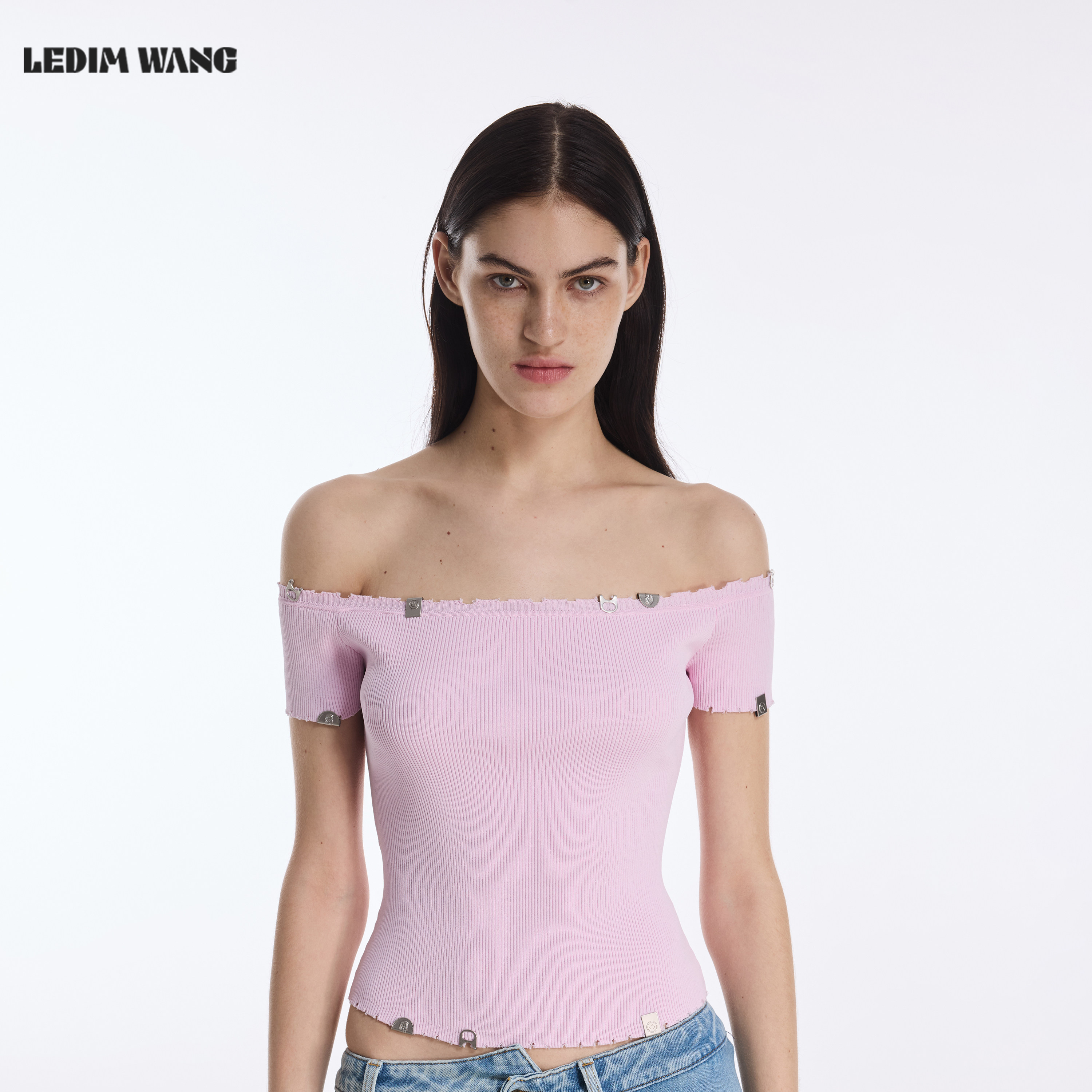 【明星同款】LEDIM WANG一字肩T恤女粉色短袖修身上衣26夏季新款