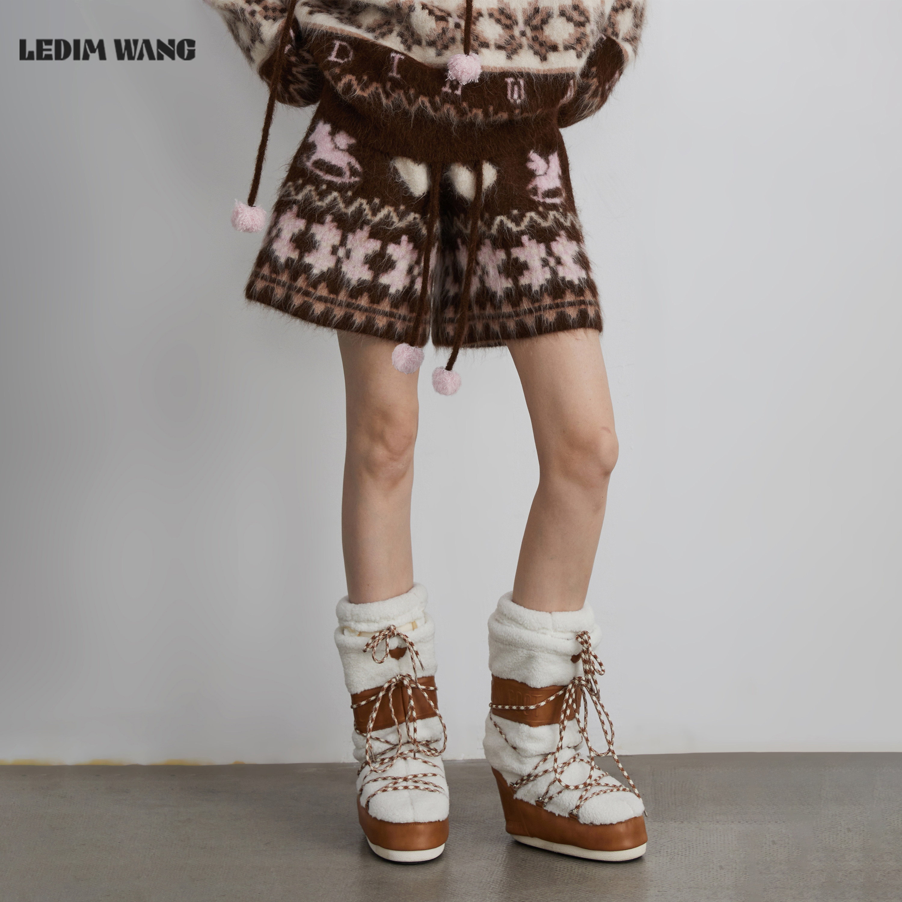 LEDIM WANG圣诞穿搭费尔岛休闲裤女秋冬新款礼物棕色宽松短裤