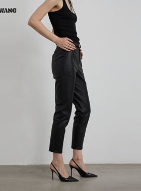 LEDIM WANG黑标/蛋白皮小脚皮裤女2025冬季新款黑色修身八分裤