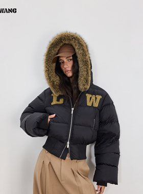 LEDIM WANG白鹅绒毛领高腰羽绒服女25冬新款黑色立体刺绣修身外套
