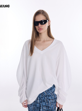 LEDIM WANGV领羊腿袖宽松T恤女2026春季新款白色宽松百搭长袖上衣