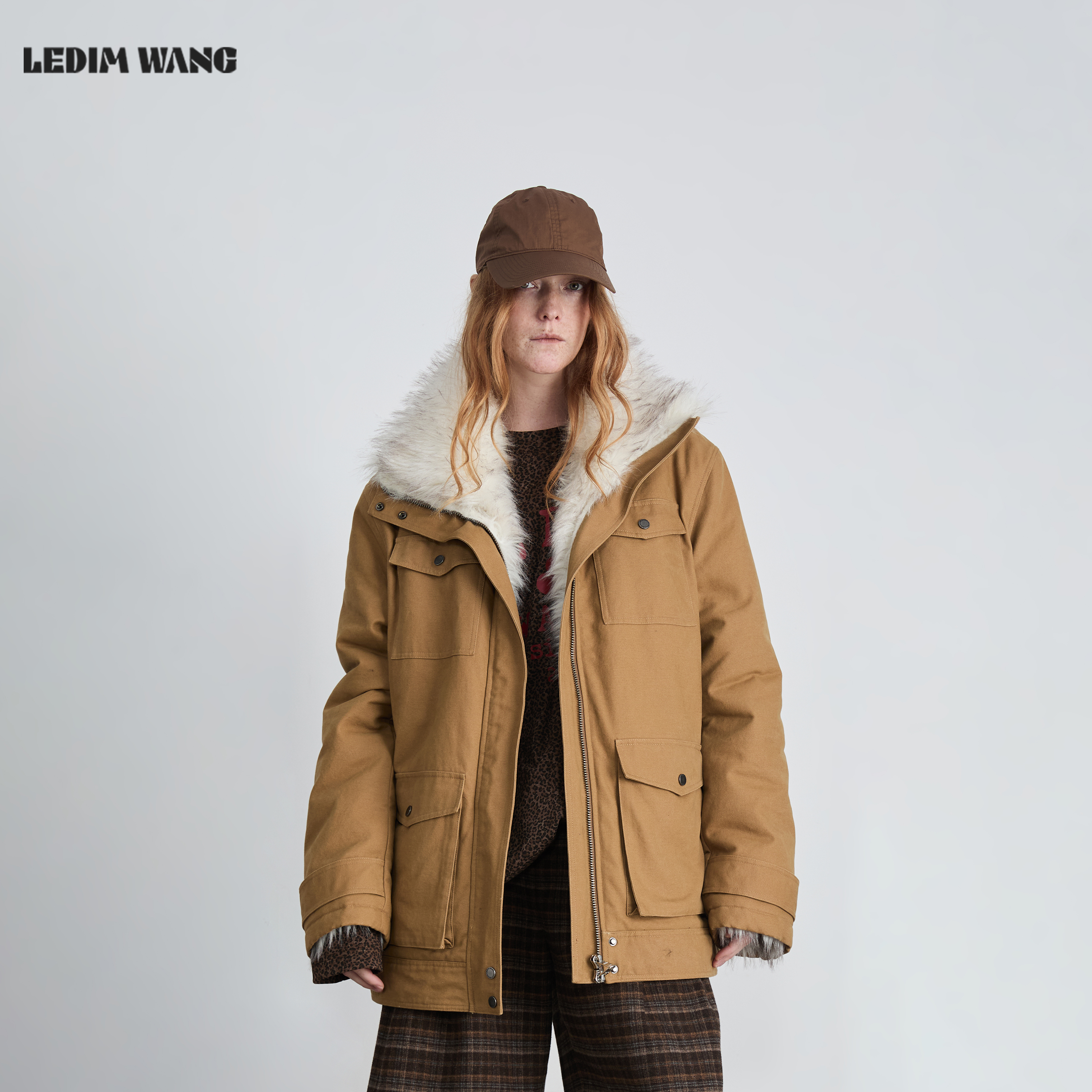 LEDIM WANG游牧风毛领派克服外套环保皮草内胆女2025秋冬新款卡其