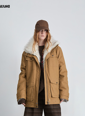 LEDIM WANG明星同款毛领派克服外套环保皮草内胆女2025冬新款卡其