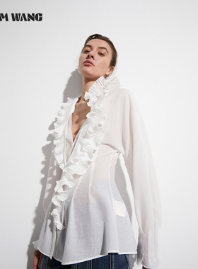 LEDIM WANG【淡人】荷叶花边白色衬衫女春夏新款收腰长宽松袖衬衣