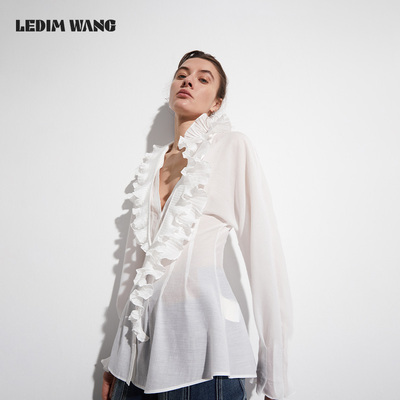 LEDIMWANG荷叶花边白色衬衫