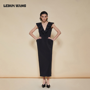LEDIM 长裙 WANG结构鱼骨连衣裙女优雅气质黑色深V荷叶翻领新款