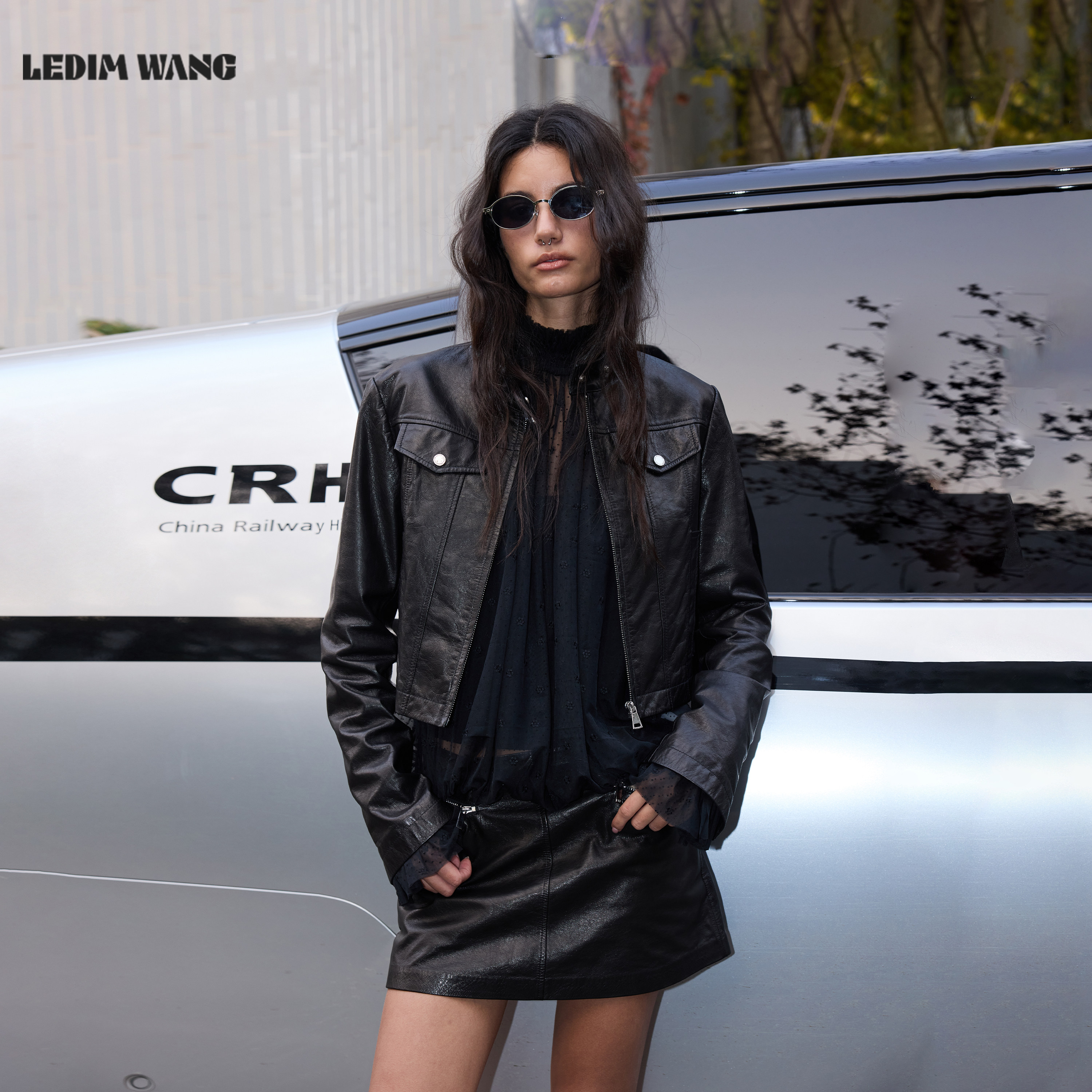 LEDIM WANG羊皮革真皮时尚套装女2026春季新款黑色皮衣外套/半裙