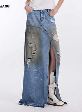 LEDIM WANG做旧牛仔半身裙女2026春新款不规则解构蓝色开叉长裙