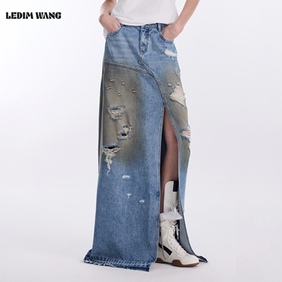 LEDIMWANG做旧牛仔半身裙