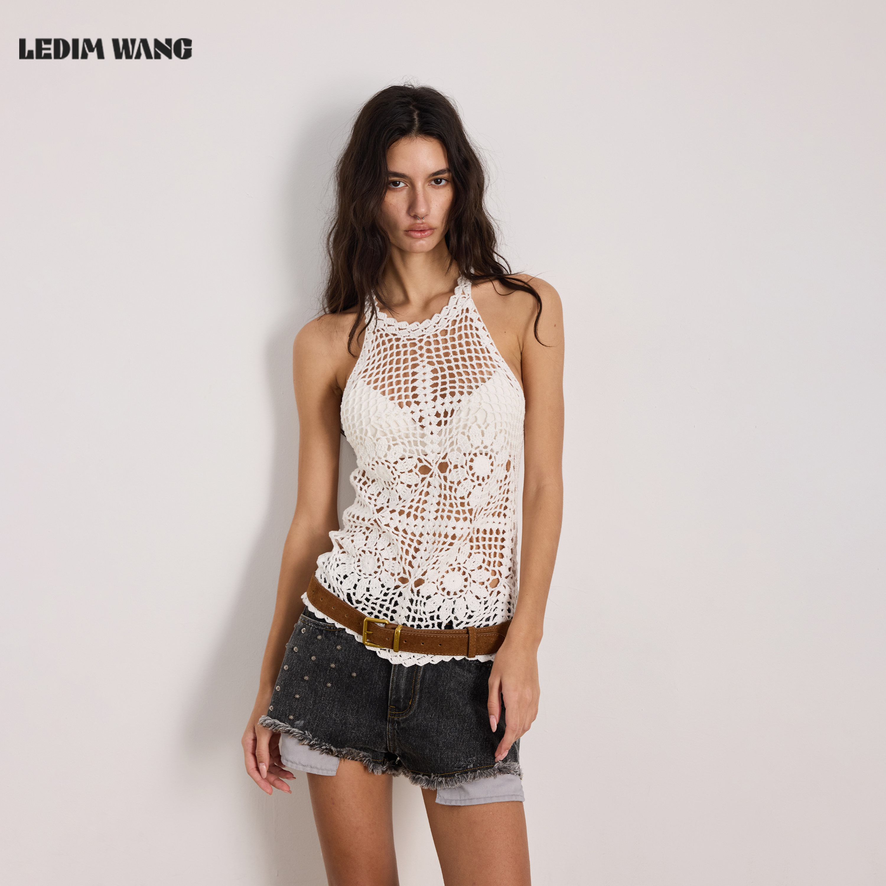 LEDIM WANG镂空挂脖针织背心吊带内搭女白色辣妹纯棉上衣26夏新款