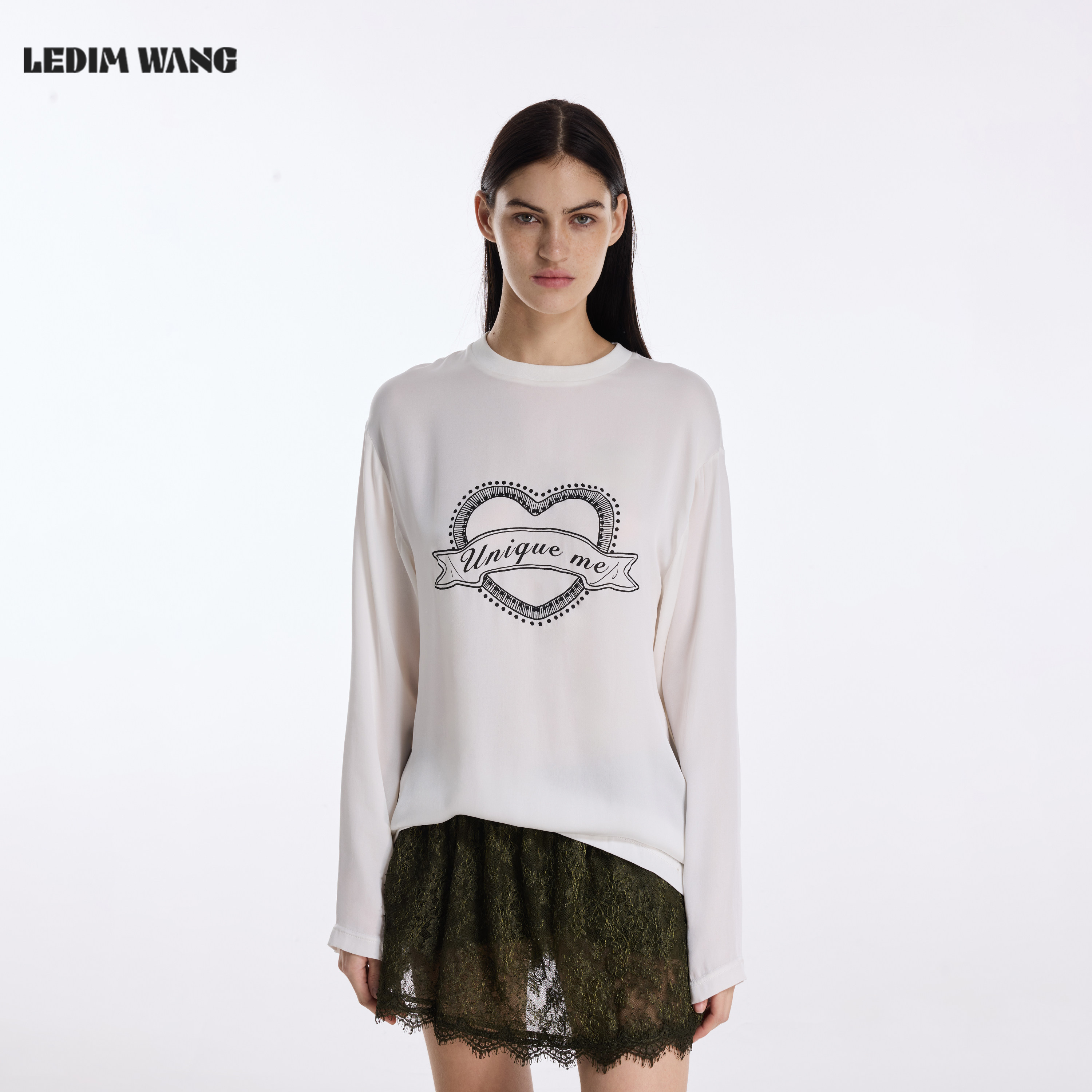 LEDIM WANG爱心桑蚕丝长袖T恤女90%真丝透气夏季新款宽松直筒上衣