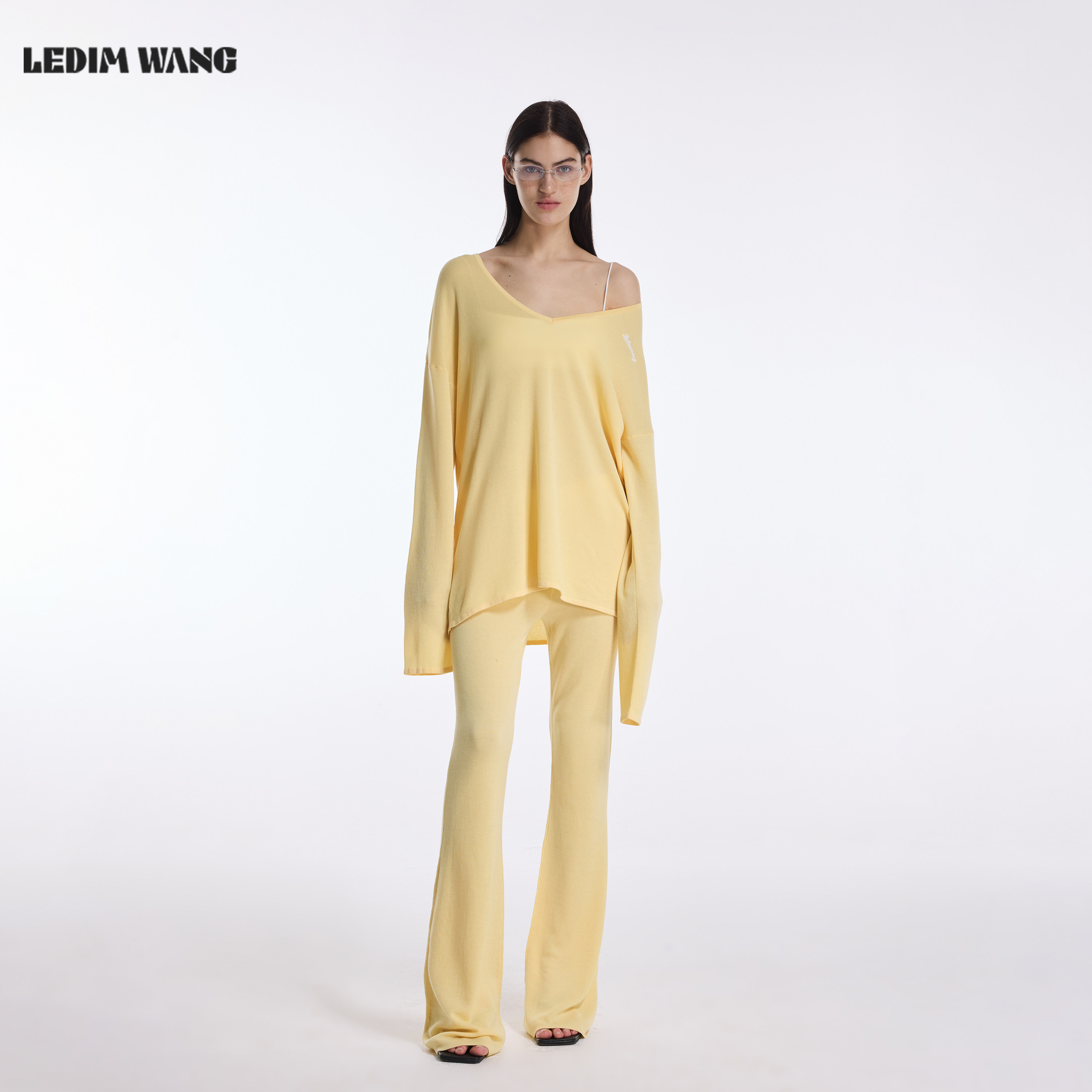 LEDIM WANG慵懒风醋酸棉V领时尚套装香蕉黄柔软薄款2026春夏新款