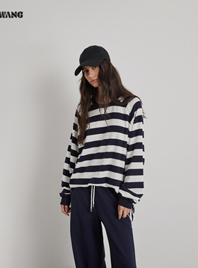 LEDIM WANG红标/条纹T恤女25秋冬新款插肩袖简约航海风长袖上衣