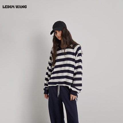 LEDIM WANG红标/条纹T恤女25秋冬新款插肩袖简约航海风长袖上衣