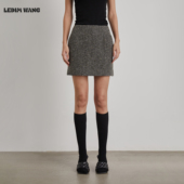 LEDIM 直筒短裙 剪裁修身 WANG黑标 松绿绵羊毛半身裙女25秋冬新款