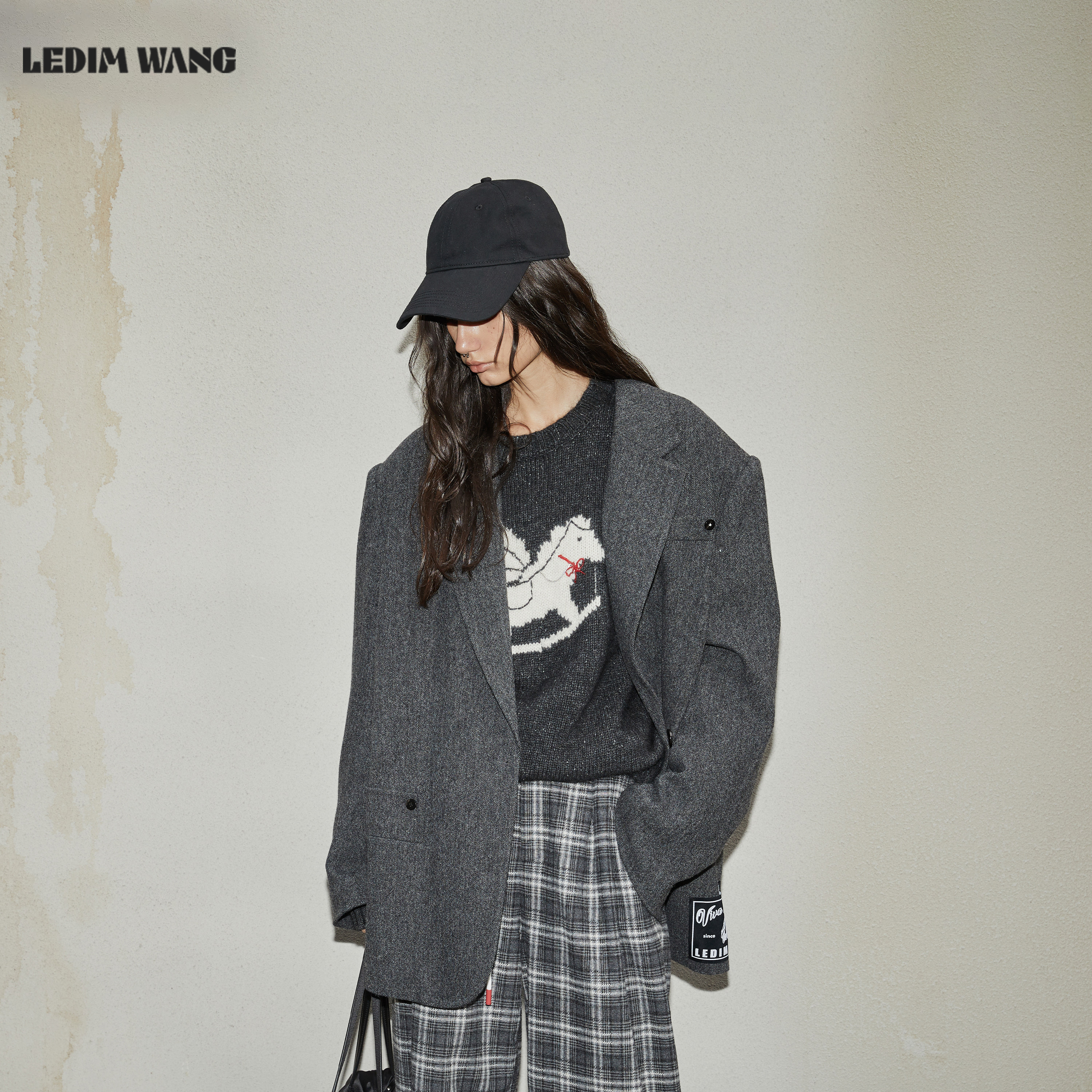 LEDIM WANG白标绵羊毛廓形西装棉服女秋冬新款灰色宽松保暖外套