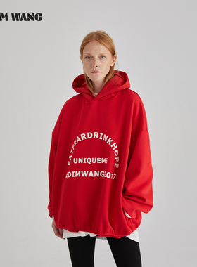 LEDIM WANG新年战袍字母印花套头连帽卫衣女秋冬新款宽松红色外套