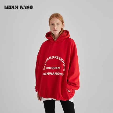 LEDIM WANG字母印花套头连帽卫衣女秋冬新款宽松软糯舒适红色外套