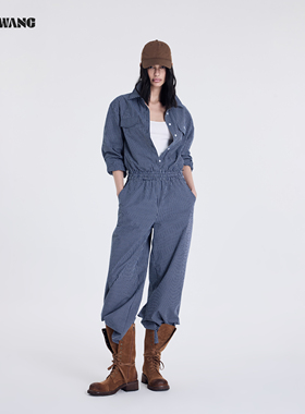 LEDIM WANG蓝色格纹工装连体裤女2026春夏新款百搭通勤休闲阔腿裤