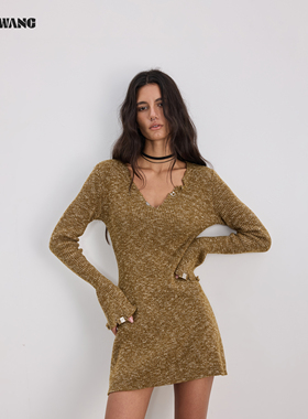 LEDIM WANG甜酷混色针织长袖连衣裙女25秋冬新款秋香色修身短裙