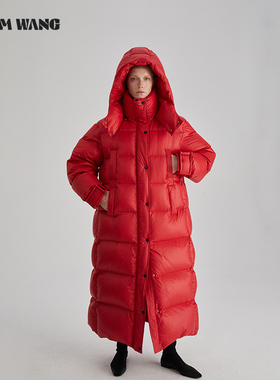 LEDIM WANG红色连帽长款面包羽绒服女亲肤舒适保暖白鸭绒冬季新款