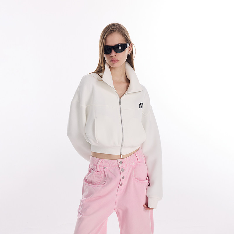 LEDIM WANG廓形短款开衫卫衣女26春新款白色印花长袖立领收腰上衣