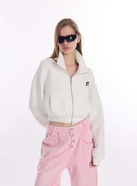 LEDIM WANG廓形短款开衫卫衣女26春新款白色印花长袖立领收腰上衣