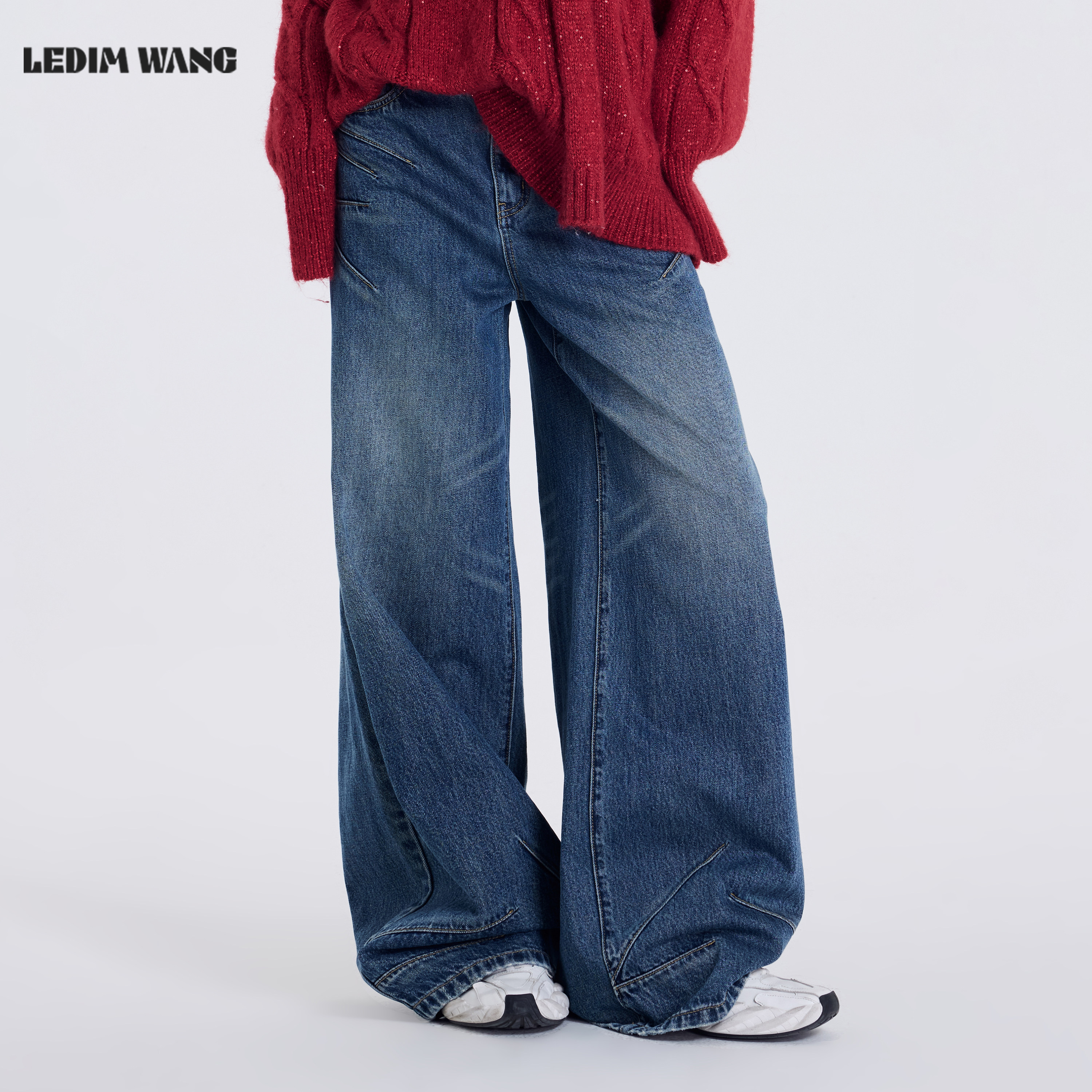 LEDIM WANG猫须洗水阔腿牛仔裤女牛仔蓝纯棉宽松长裤2026春新款,女装/女士精品,牛仔裤,淘宝优惠券,粉丝福利购,淘宝优惠卷