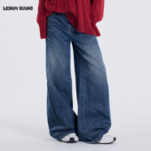 LEDIM 2026春新款 WANG猫须洗水阔腿牛仔裤 女牛仔蓝纯棉宽松长裤