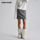 LEDIM WANG刺绣针织半身裙女秋冬新款 绵羊毛灰色百搭辣妹包臀短裙