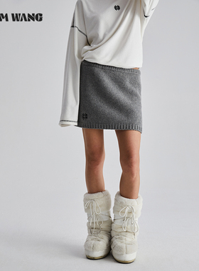 LEDIM WANG刺绣针织半身裙女秋冬新款绵羊毛灰色百搭辣妹包臀短裙