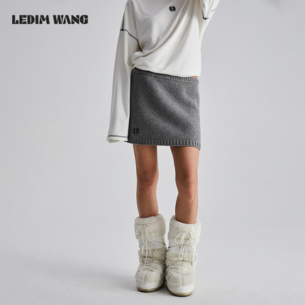 LEDIM WANG刺绣针织半身裙女秋冬新款绵羊毛灰色百搭辣妹包臀短裙