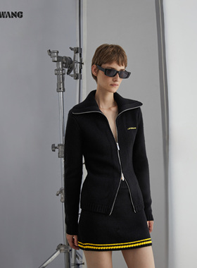LEDIM WANG红标/大翻领拉链开衫毛衣女25秋冬新款修身黑色针织衫