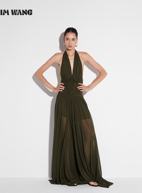 LEDIM WANG白标/挂脖修身大摆连衣裙女25秋松绿新款收腰垂感长裙