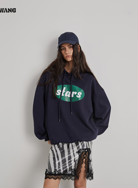 LEDIM WANG红标美式学院连帽卫衣女花苞宽松藏青色上衣25秋冬新款