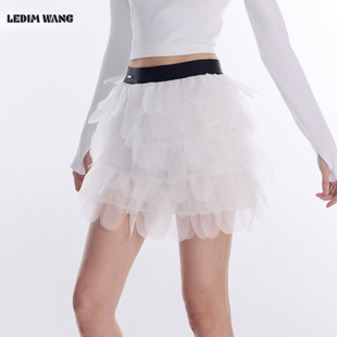 A摆修身 新款 白色短裙 WANG撞色松紧腰羽毛半身裙女2026春季 LEDIM