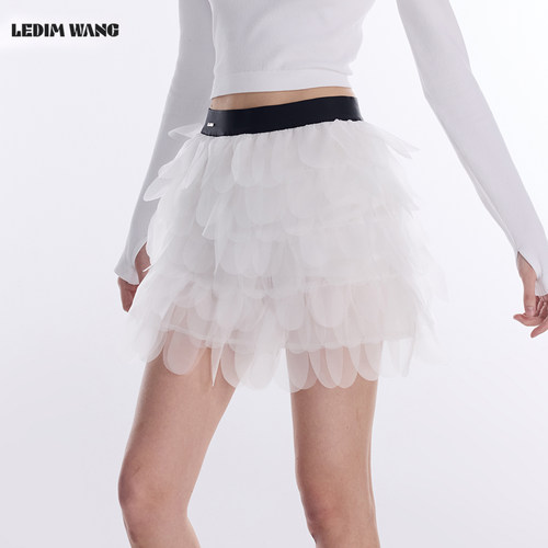 LEDIMWANG撞色松紧腰羽毛半身裙