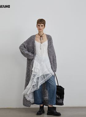 LEDIM WANG白标/慵懒风长款针织毛衣开衫外套女灰色2025冬季新款