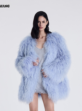 LEDIM WANG羊滩毛皮草毛绒外套女冬季新款亮蓝色长款轻奢高级感